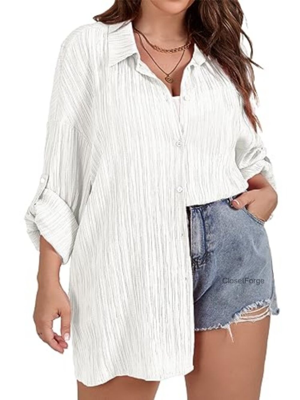 Plus Size Oversized Button Down Shirt Women Long Sleeve Crinkle Textured Blouse